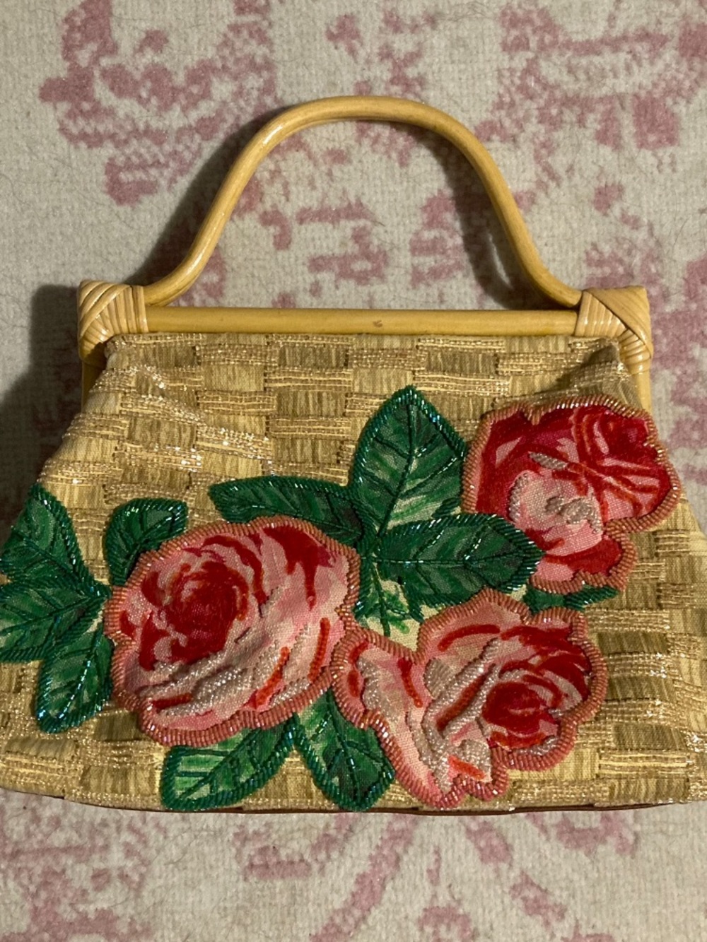 Isabella Fiore Gold Woven Top-Handle Clutch with Red and Pink Rose Appliqués